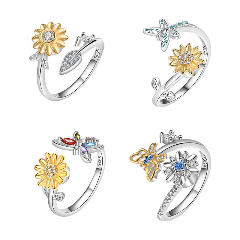 S925銀雛菊蜻蜓旋轉戒指