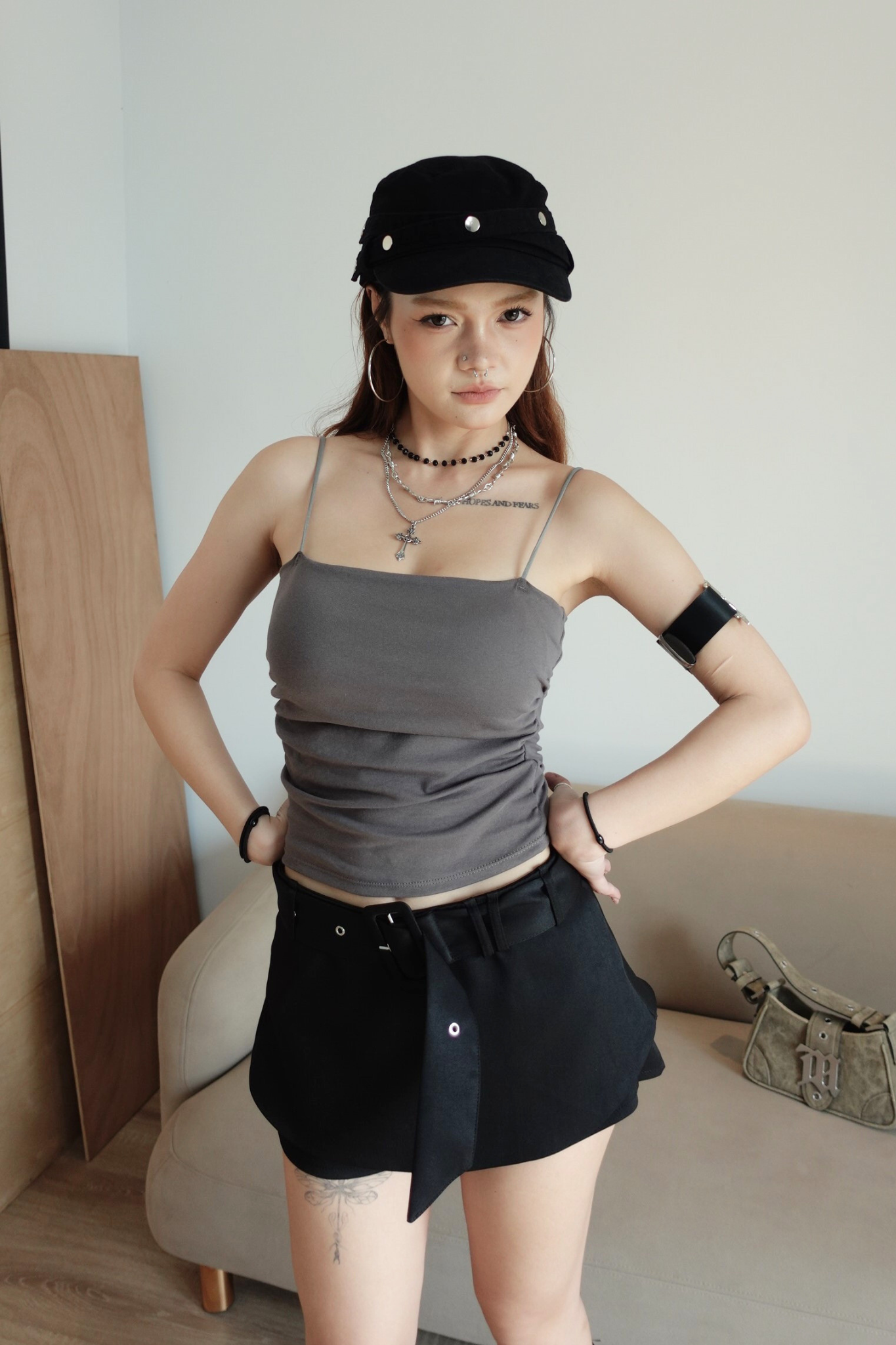 C14 側抽摺含胸墊細肩BRA TOP1