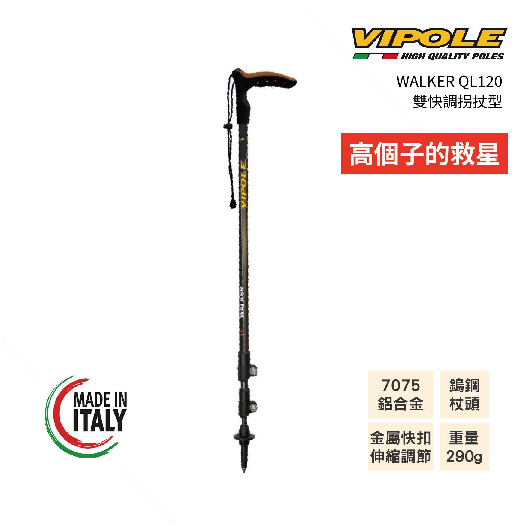 VIPOLE WALKER QL120雙快調拐杖型登山杖 雙系統調節 健行 公司貨 維修保固1