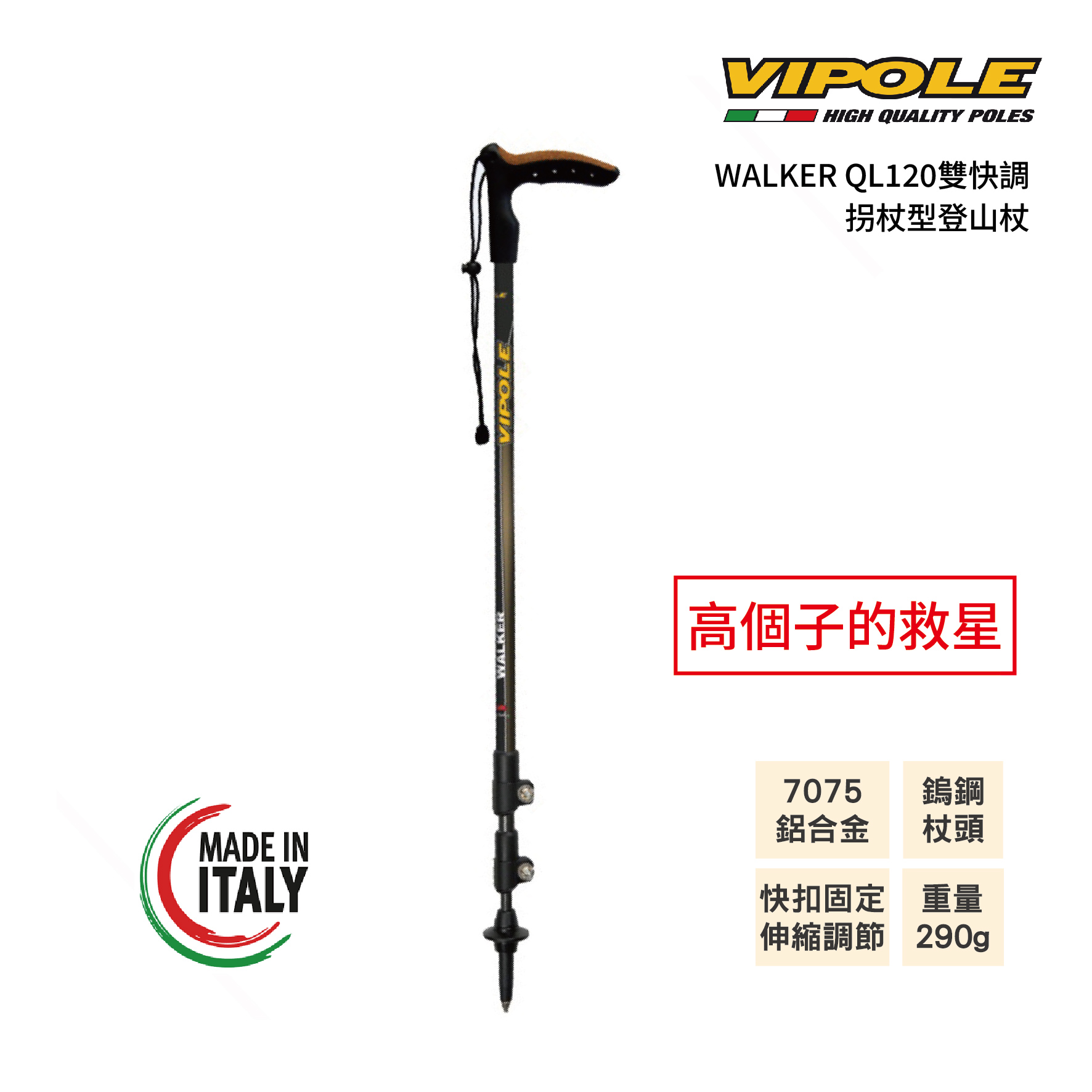 VIPOLE WALKER QL120雙快調拐杖型登山杖 雙系統調節 健行 公司貨 維修保固1
